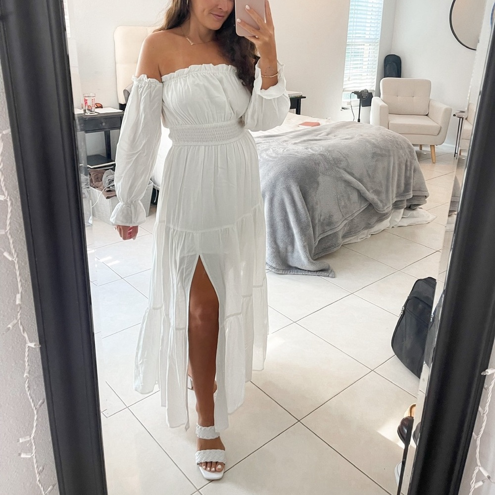 Boho Sexy Off Shoulder Long Sleeve Smocked High Waist Side Split Maxi Dress